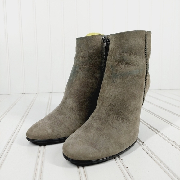 Ecco Taupe Tan Leather Slip On Block Heel Side Zip Ankle Boots E963 - Picture 2 of 12